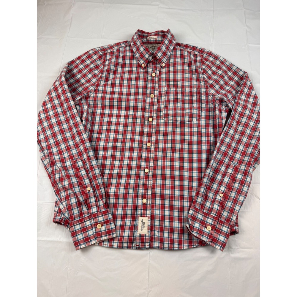 Abercrombie & Fitch‎ Mens Muscle Fit Plaid Button Down Shirt Red Blue Large